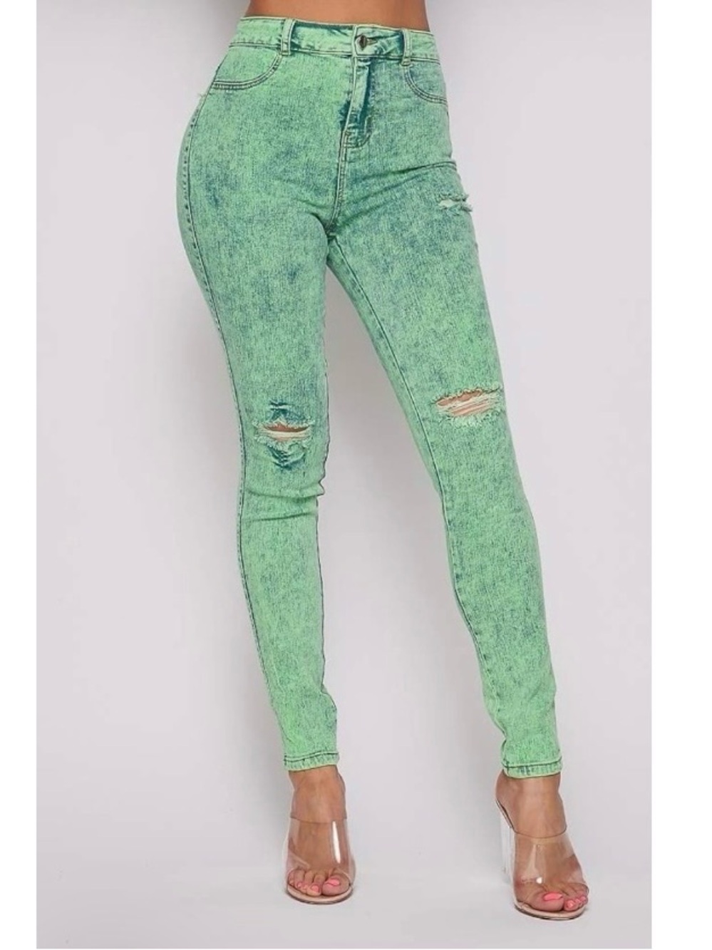 High-Waist Green Acid-Wash Skinny Jeans